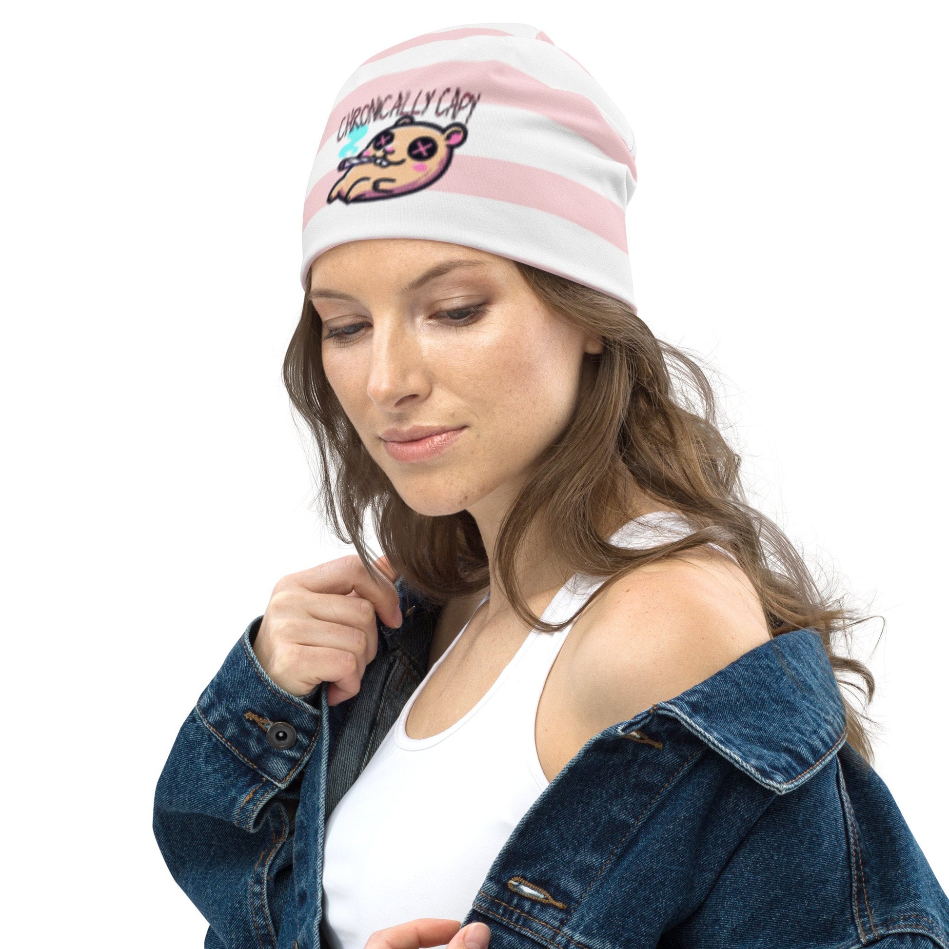 Weirdcore Pastel Goth Grunge Capybara Striped Beanie, Chronically Capy Oddcore Beanie Hat