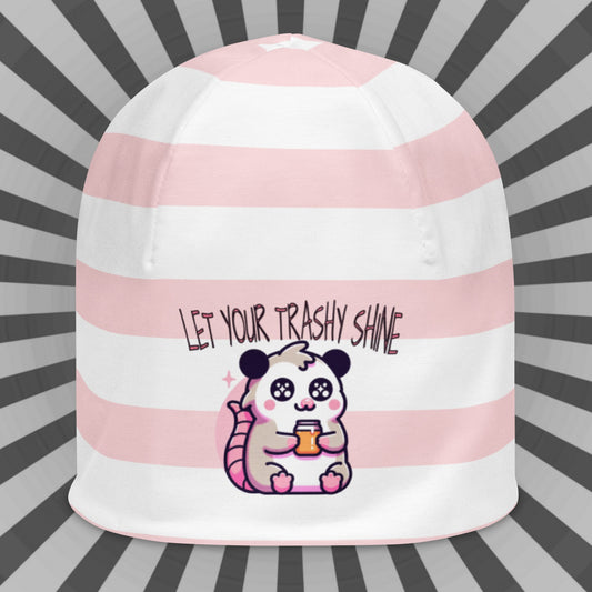Weirdcore Pastel Goth Grunge Opossum Striped Beanie, Let Your Trashy Shine Oddcore Beanie Hat