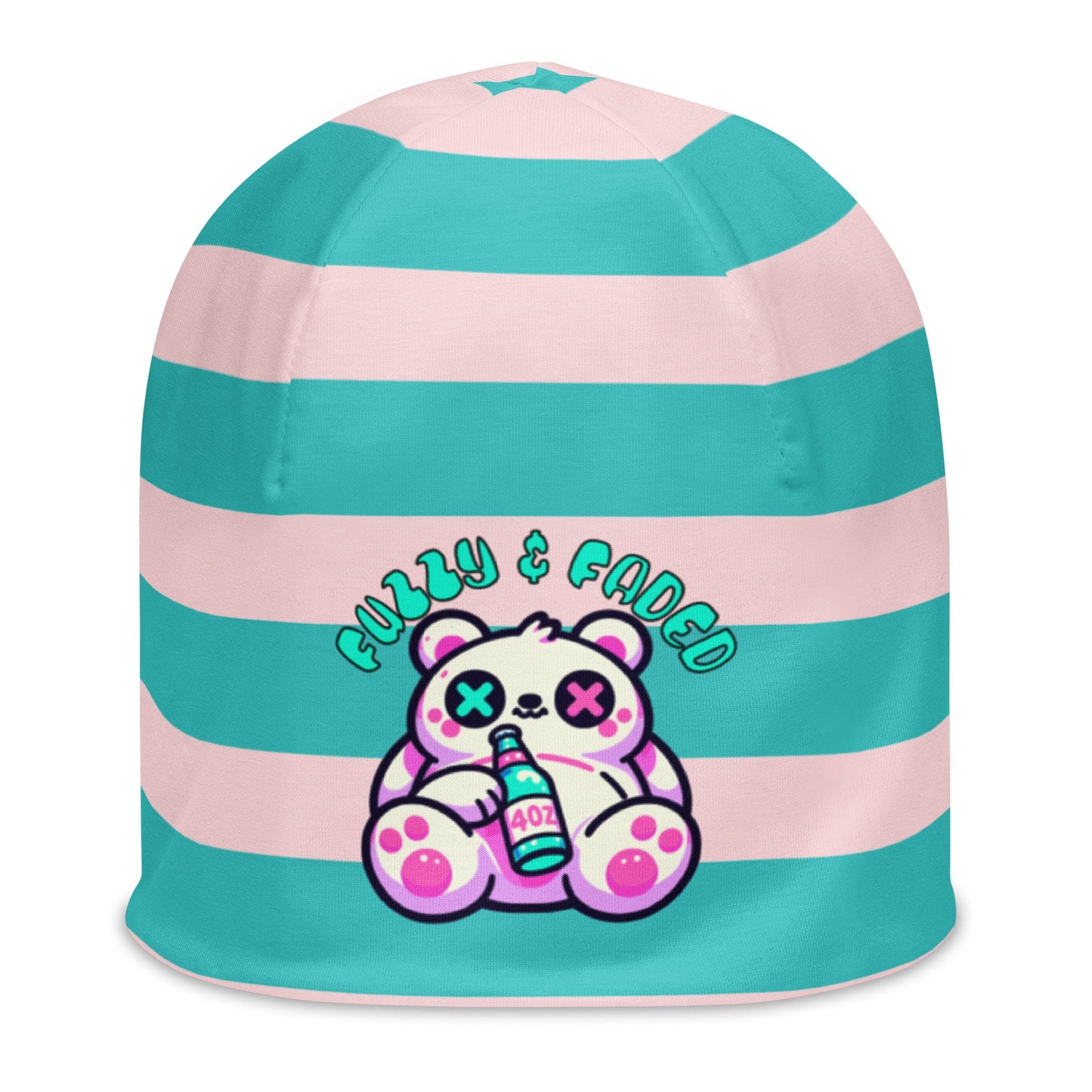 Weirdcore Pastel Goth Grunge Bear Striped Beanie, Fuzzy and Faded Oddcore Beanie Hat