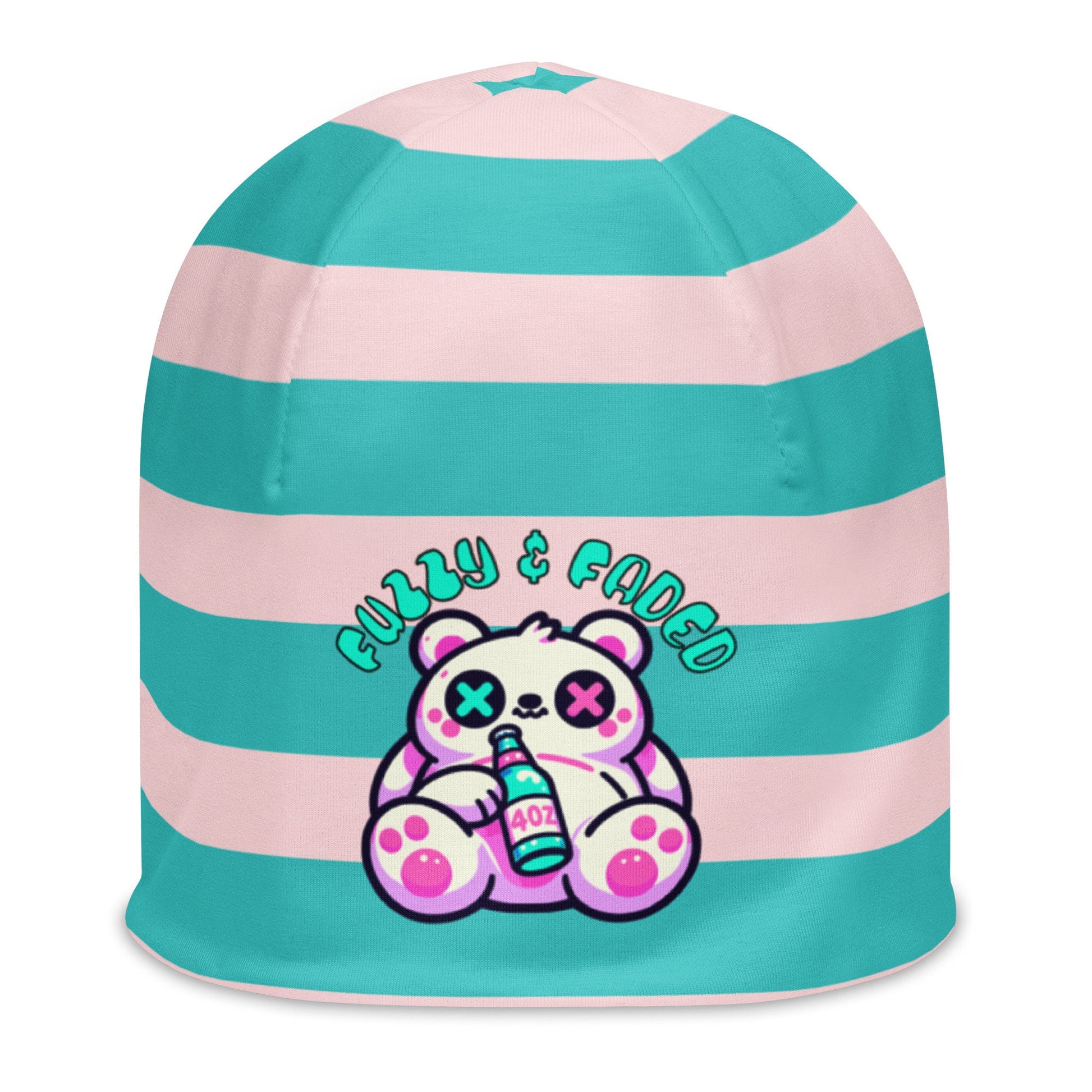 Weirdcore Pastel Goth Grunge Bear Striped Beanie, Fuzzy and Faded Oddcore Beanie Hat