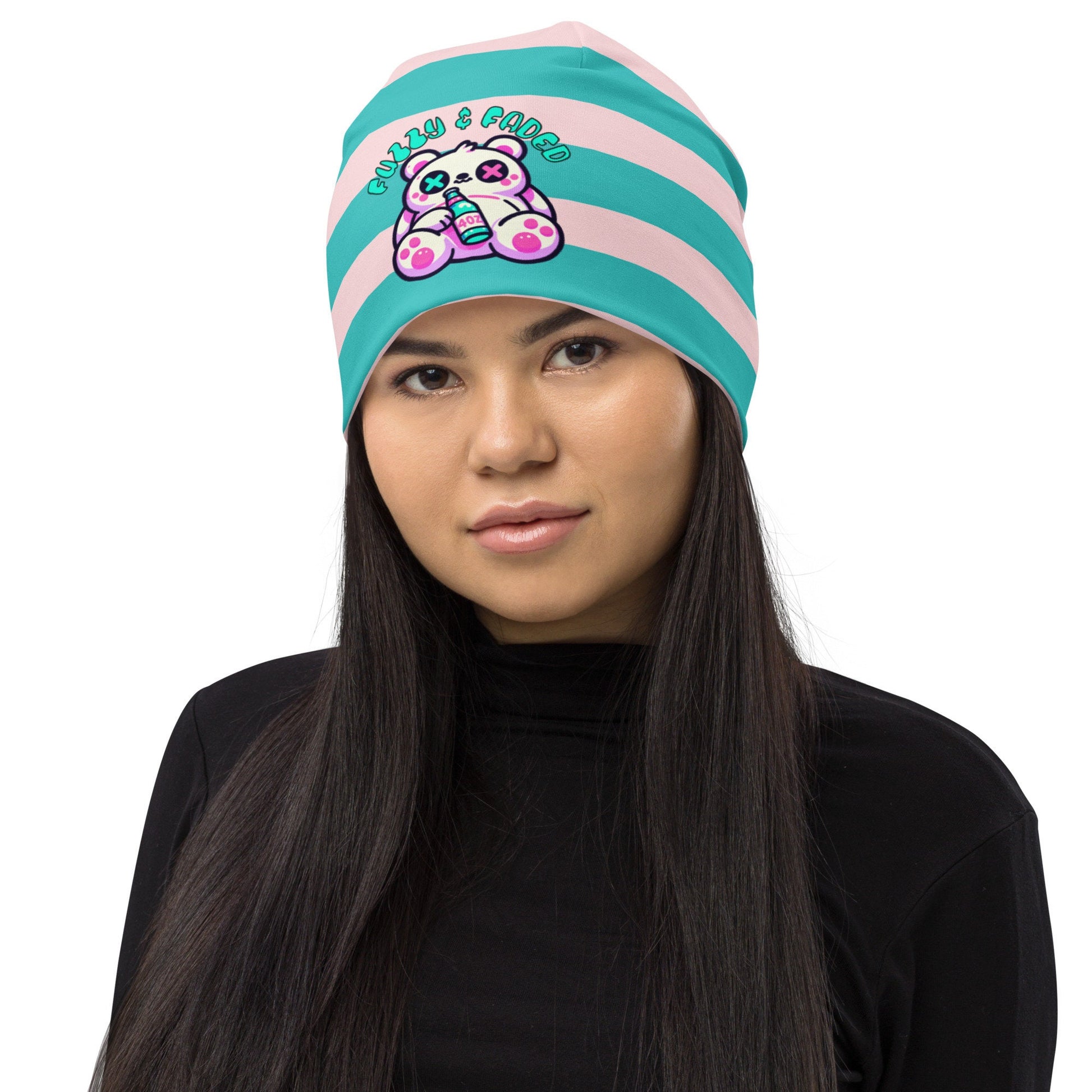 Weirdcore Pastel Goth Grunge Bear Striped Beanie, Fuzzy and Faded Oddcore Beanie Hat