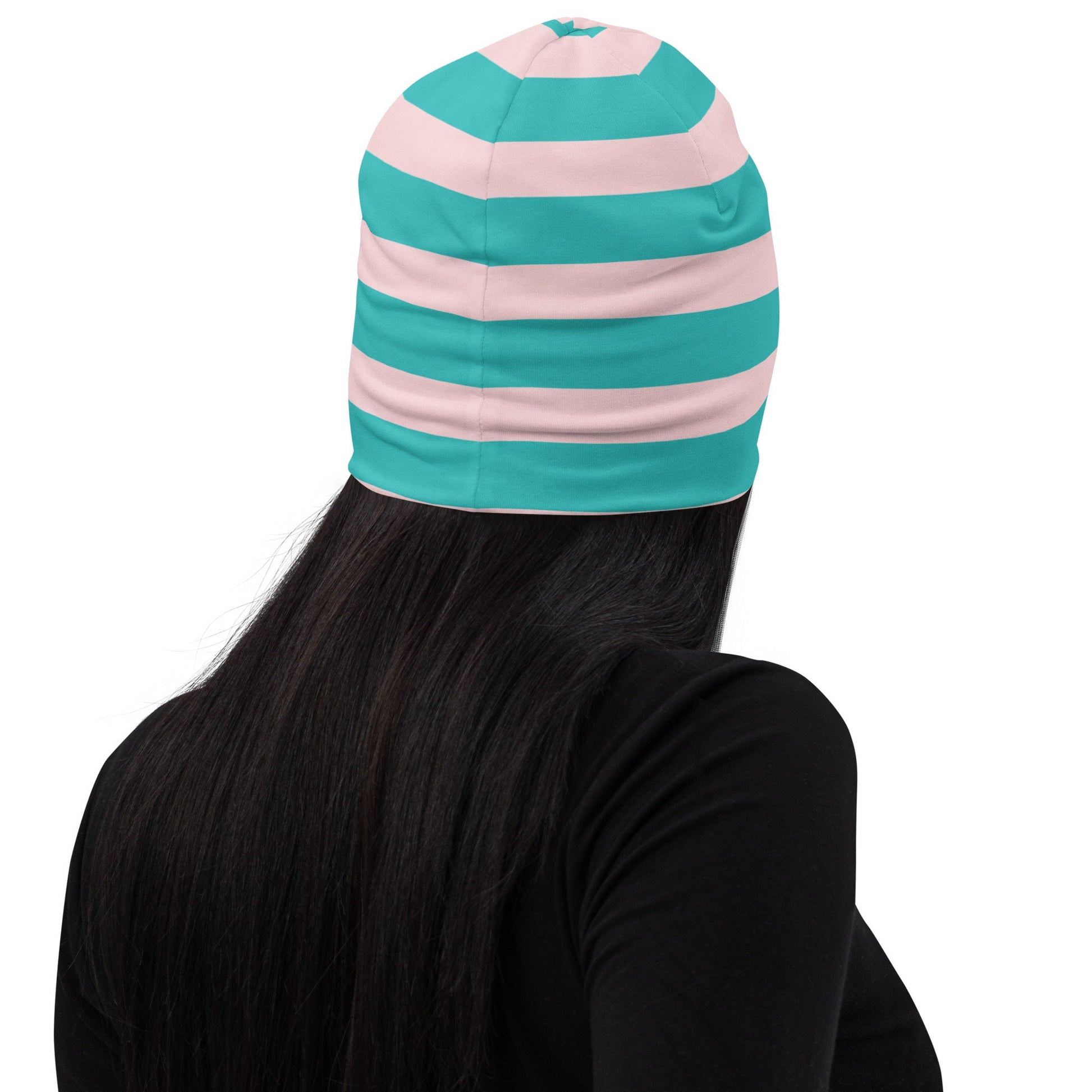 Weirdcore Pastel Goth Grunge Bear Striped Beanie, Fuzzy and Faded Oddcore Beanie Hat