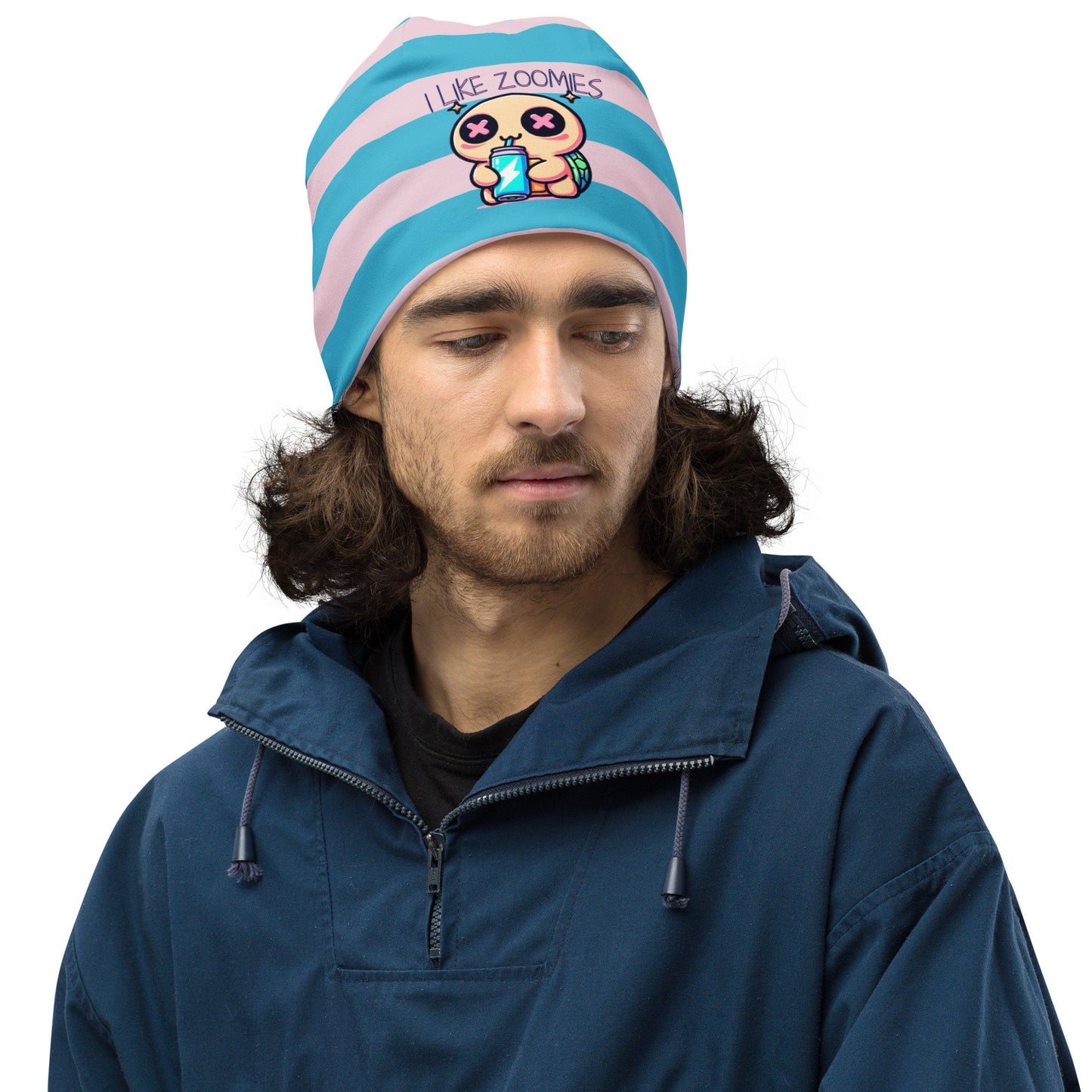 Weirdcore Pastel Goth Grunge Turtle Striped Beanie, I Like Zoomies Oddcore Beanie Hat