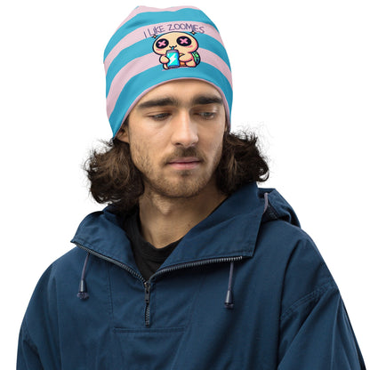 Weirdcore Pastel Goth Grunge Turtle Striped Beanie, I Like Zoomies Oddcore Beanie Hat