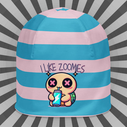 Weirdcore Pastel Goth Grunge Turtle Striped Beanie, I Like Zoomies Oddcore Beanie Hat