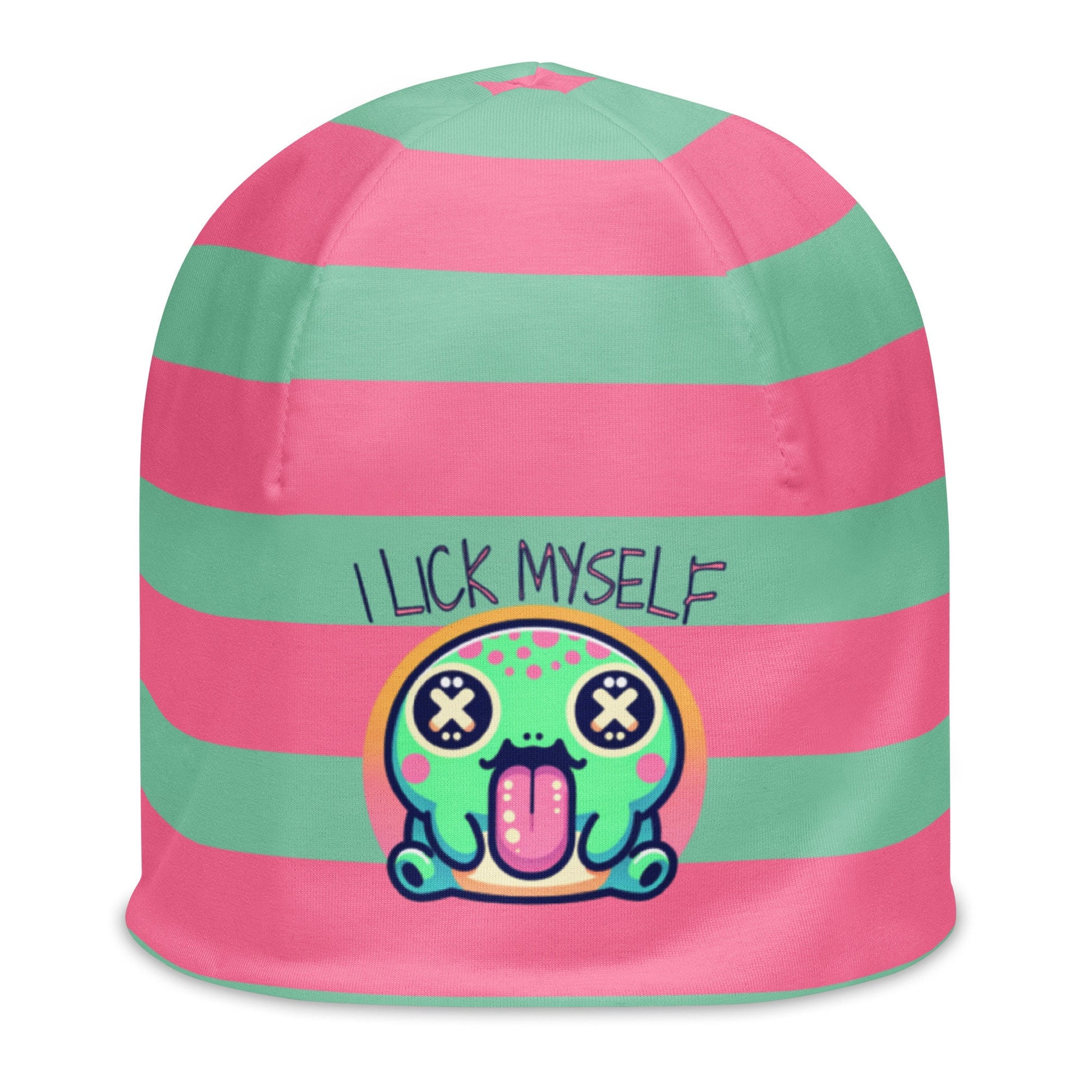 Weirdcore Pastel Goth Grunge River Toad Frog Striped Beanie, I Lick Myself Oddcore Beanie Hat