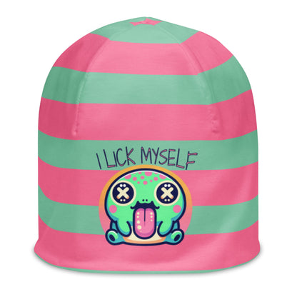Weirdcore Pastel Goth Grunge River Toad Frog Striped Beanie, I Lick Myself Oddcore Beanie Hat