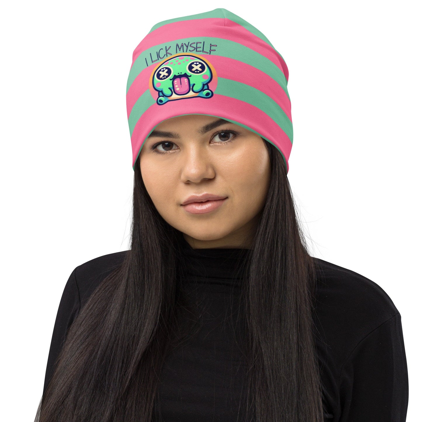 Weirdcore Pastel Goth Grunge River Toad Frog Striped Beanie, I Lick Myself Oddcore Beanie Hat