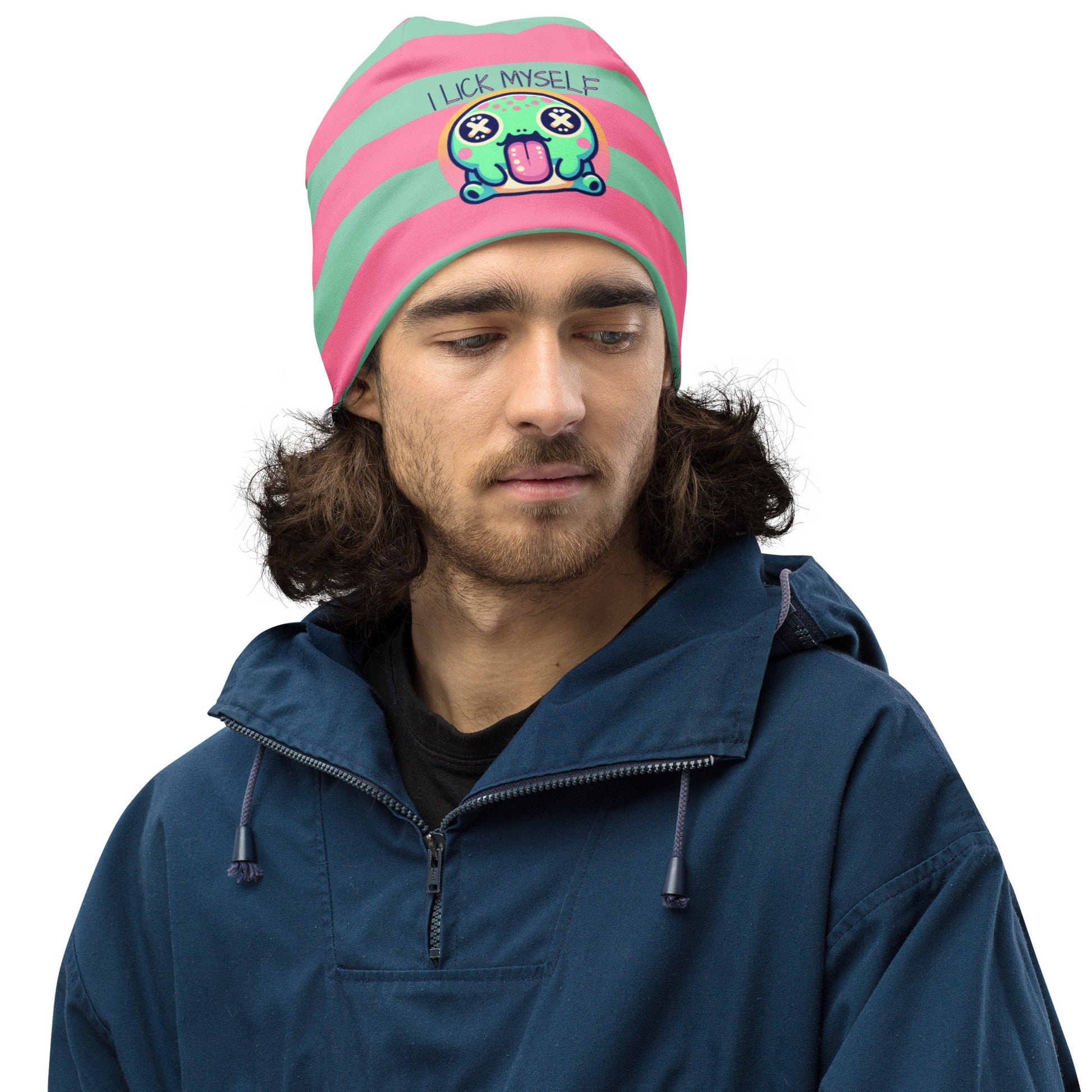 Weirdcore Pastel Goth Grunge River Toad Frog Striped Beanie, I Lick Myself Oddcore Beanie Hat