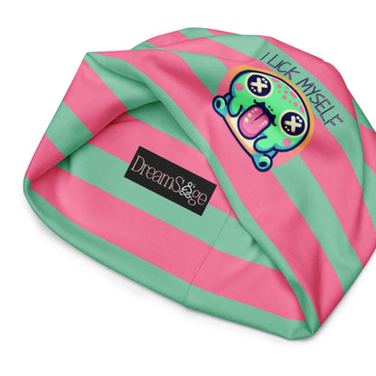 Weirdcore Pastel Goth Grunge River Toad Frog Striped Beanie, I Lick Myself Oddcore Beanie Hat