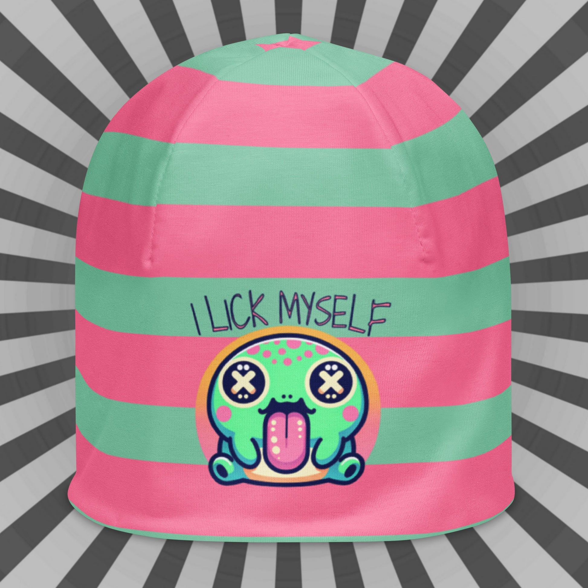 Weirdcore Pastel Goth Grunge River Toad Frog Striped Beanie, I Lick Myself Oddcore Beanie Hat