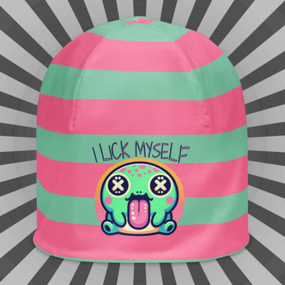Weirdcore Pastel Goth Grunge River Toad Frog Striped Beanie, I Lick Myself Oddcore Beanie Hat