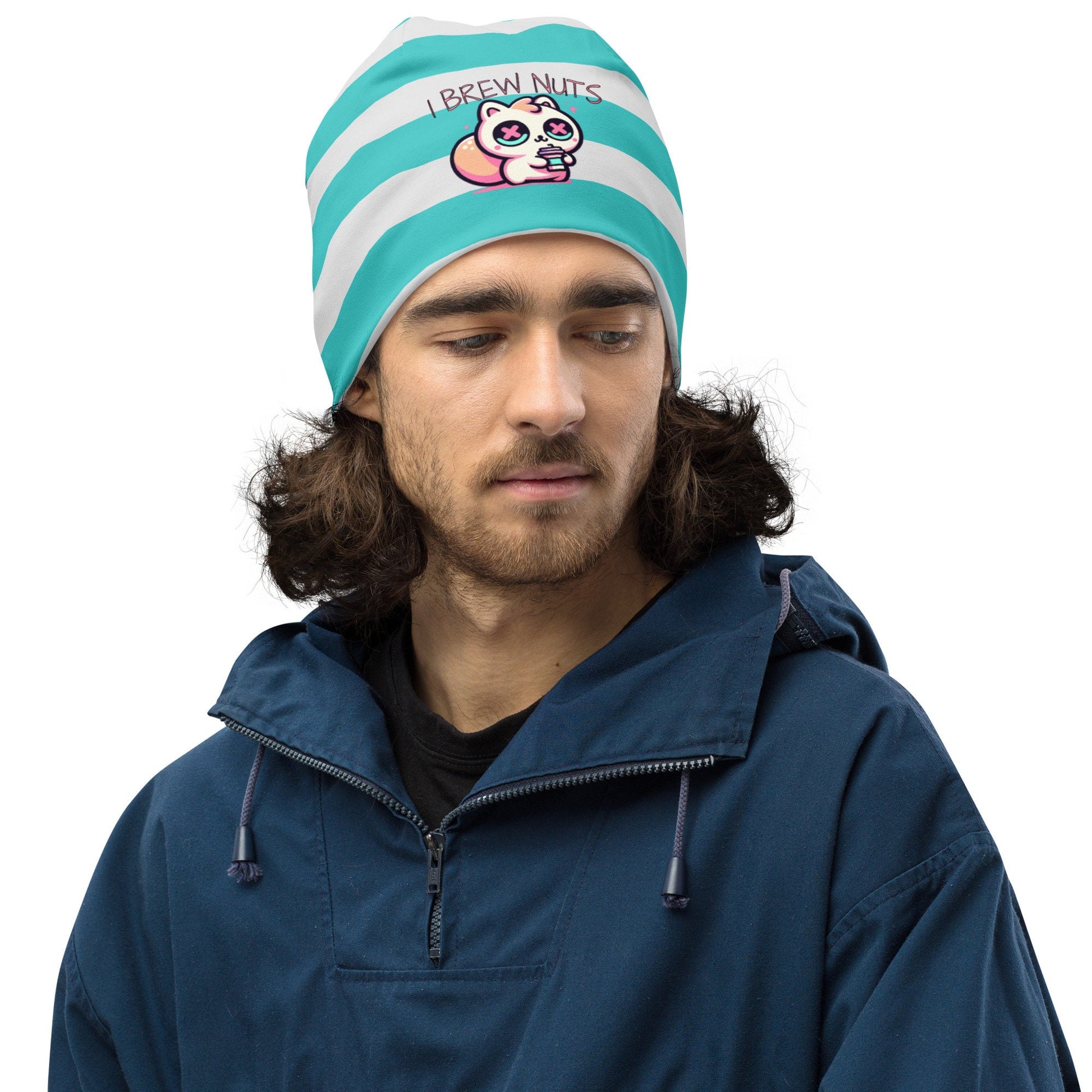 Weirdcore Pastel Goth Grunge Squirrel Striped Beanie, I Brew Nuts Oddcore Beanie Hat