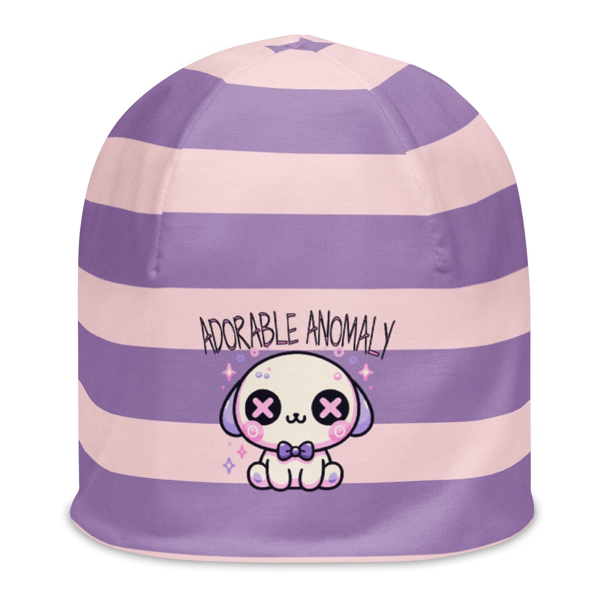 Weirdcore Pastel Goth Grunge Puppy Dog Striped Beanie, Adorable Anomaly Oddcore Beanie Hat