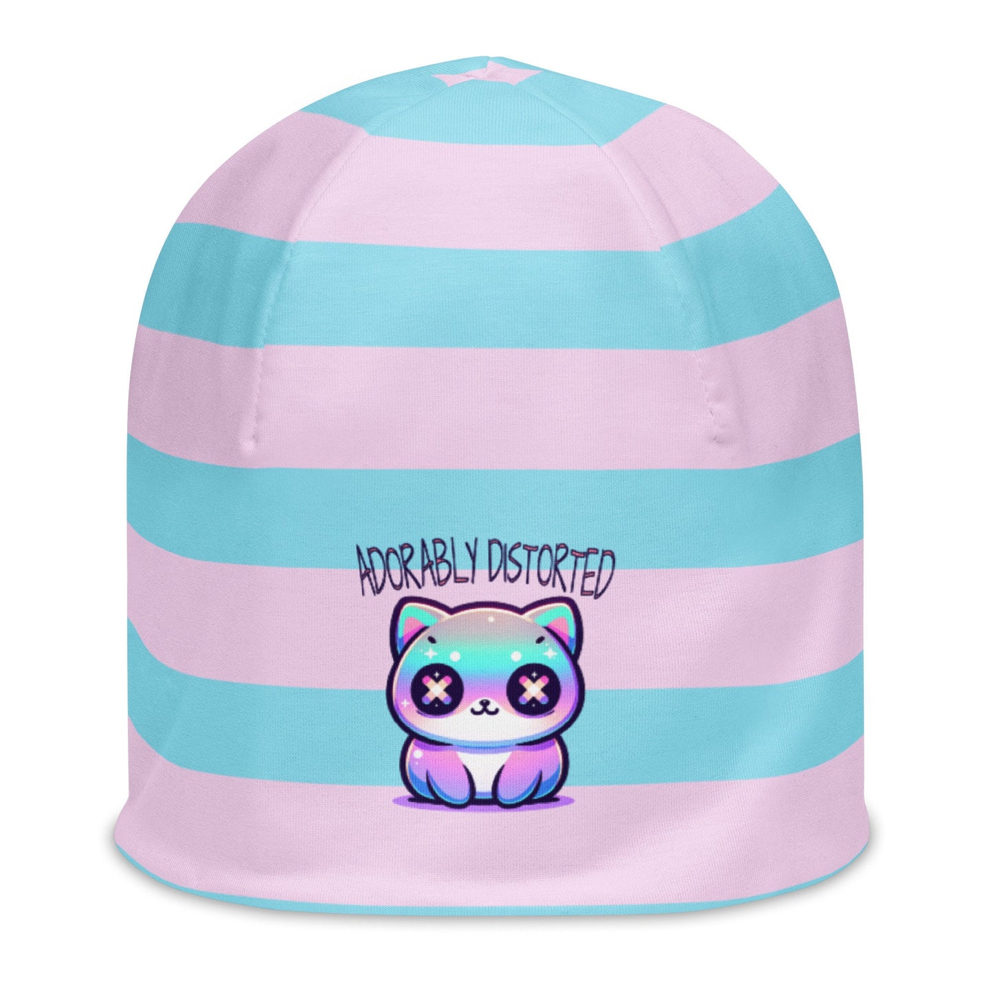 Weirdcore Pastel Goth Grunge Kitty Cat Striped Beanie, Adorably Distorted Oddcore Beanie Hat