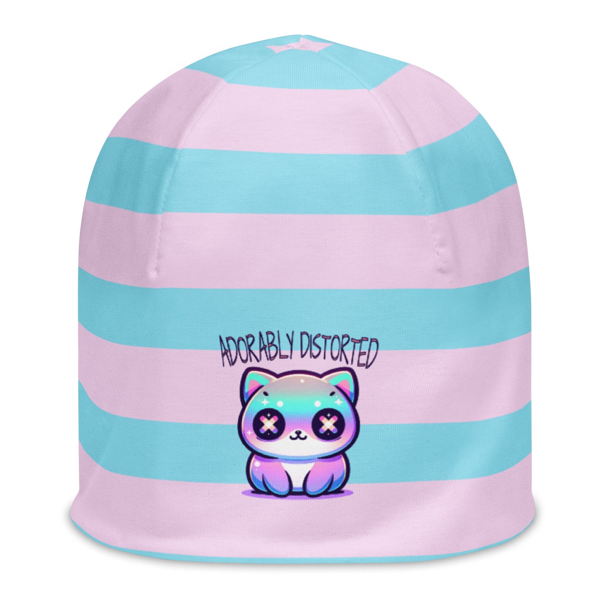 Weirdcore Pastel Goth Grunge Kitty Cat Striped Beanie, Adorably Distorted Oddcore Beanie Hat