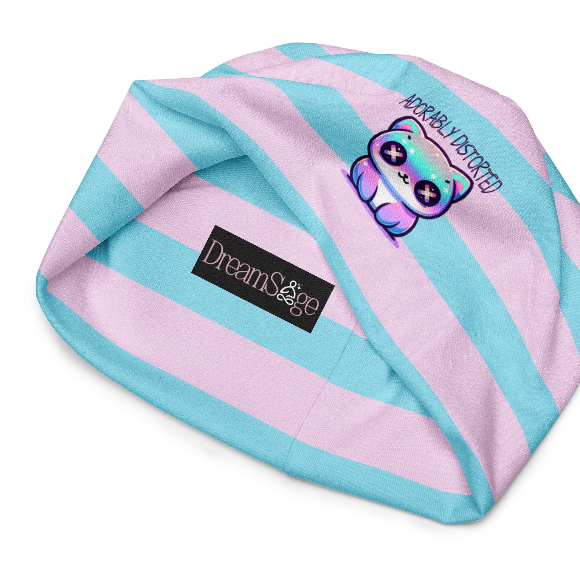 Weirdcore Pastel Goth Grunge Kitty Cat Striped Beanie, Adorably Distorted Oddcore Beanie Hat