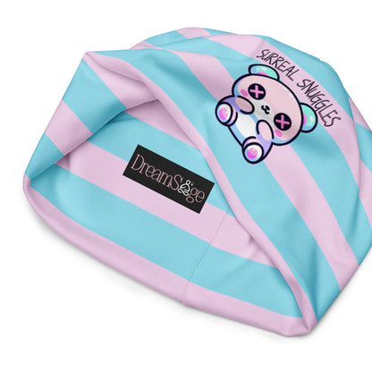 Weirdcore Pastel Goth Grunge Cute Bear Striped Beanie, Surreal Snuggles Oddcore Beanie Hat