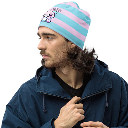 Weirdcore Pastel Goth Grunge Cute Bear Striped Beanie, Surreal Snuggles Oddcore Beanie Hat