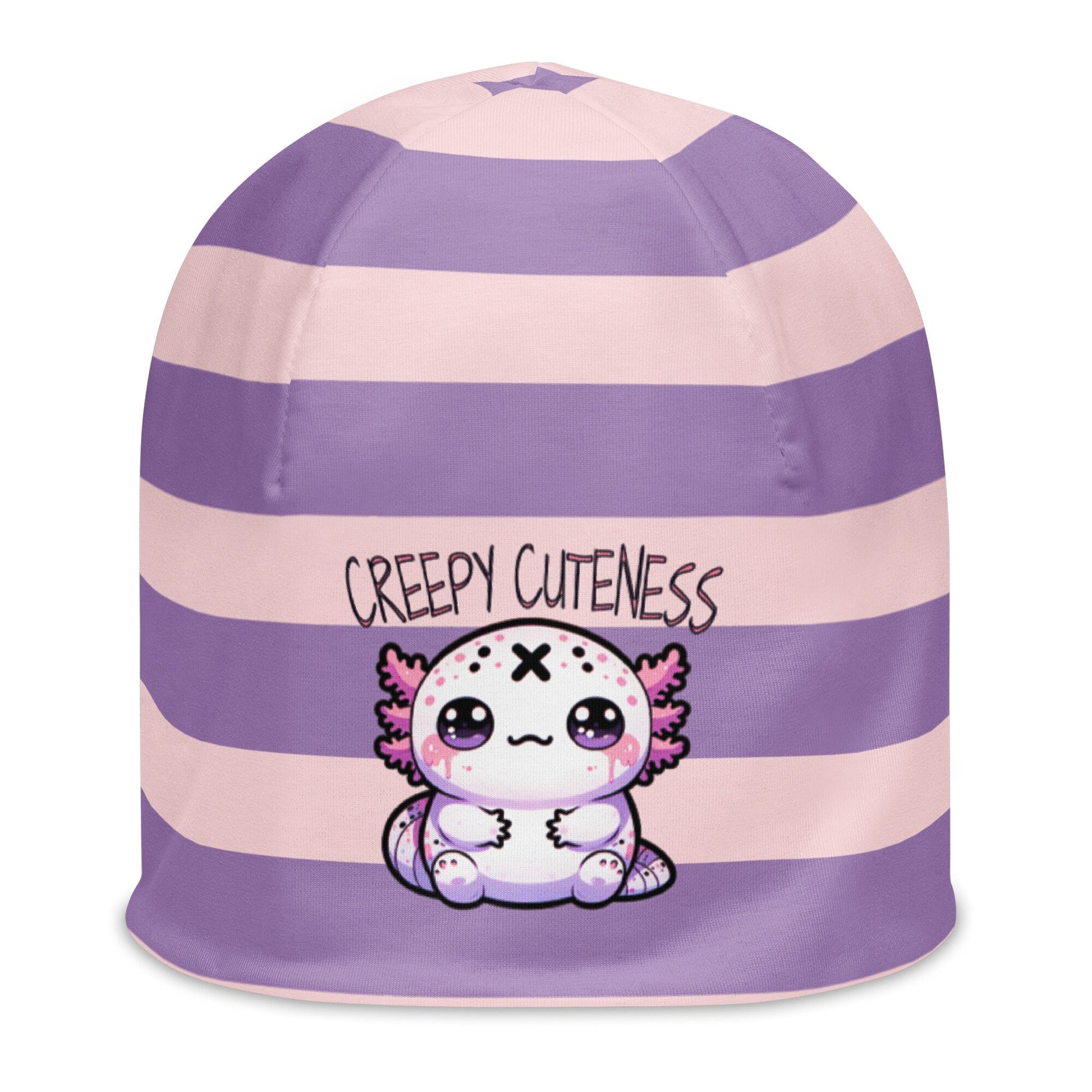 Weirdcore Pastel Goth Grunge Cute Axolotl Striped Beanie, Creepy Cuteness Oddcore Beanie Hat