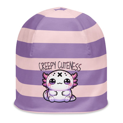 Weirdcore Pastel Goth Grunge Cute Axolotl Striped Beanie, Creepy Cuteness Oddcore Beanie Hat