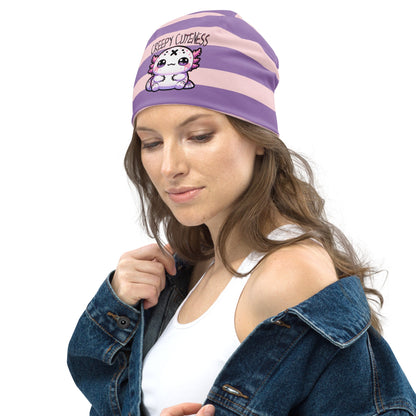 Weirdcore Pastel Goth Grunge Cute Axolotl Striped Beanie, Creepy Cuteness Oddcore Beanie Hat