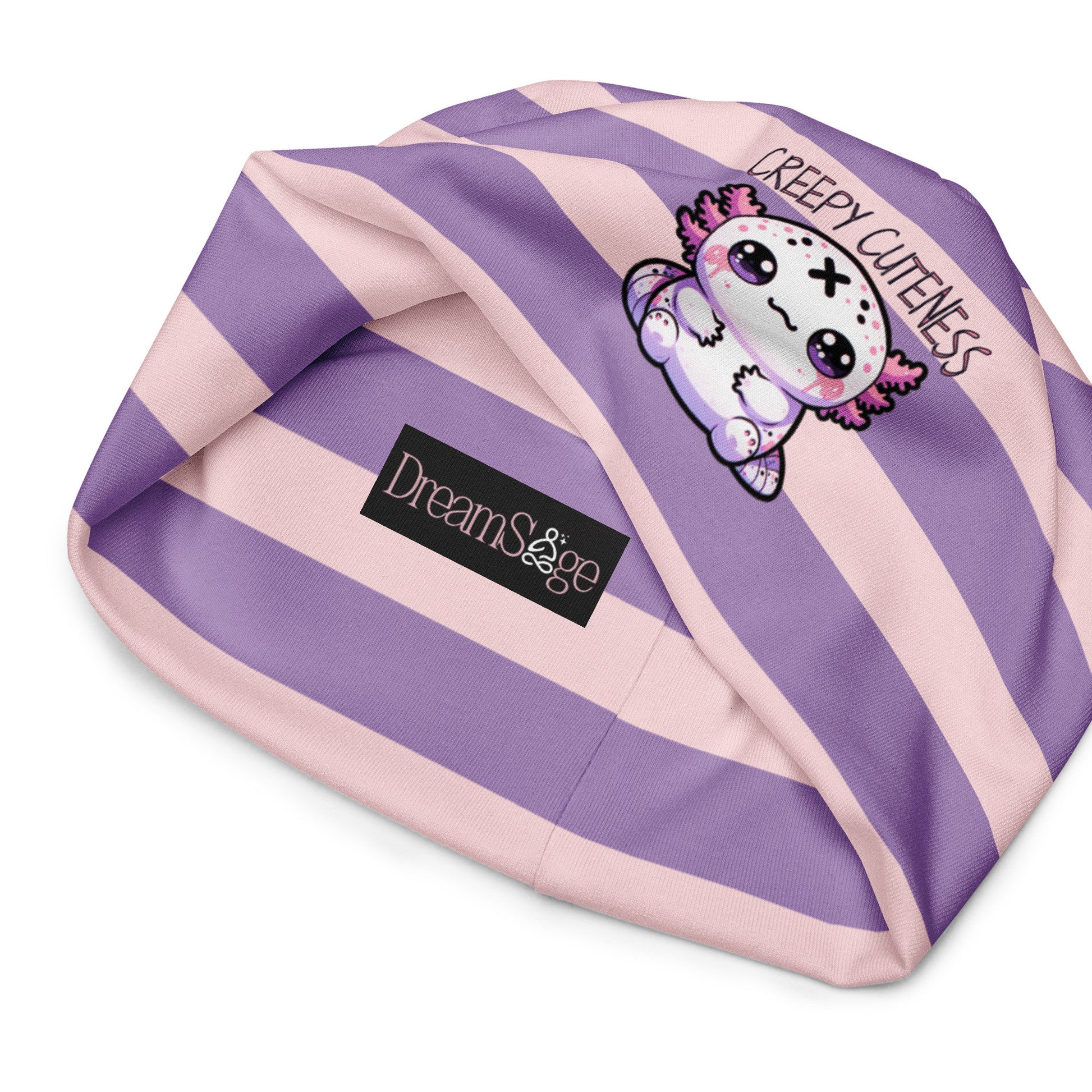 Weirdcore Pastel Goth Grunge Cute Axolotl Striped Beanie, Creepy Cuteness Oddcore Beanie Hat