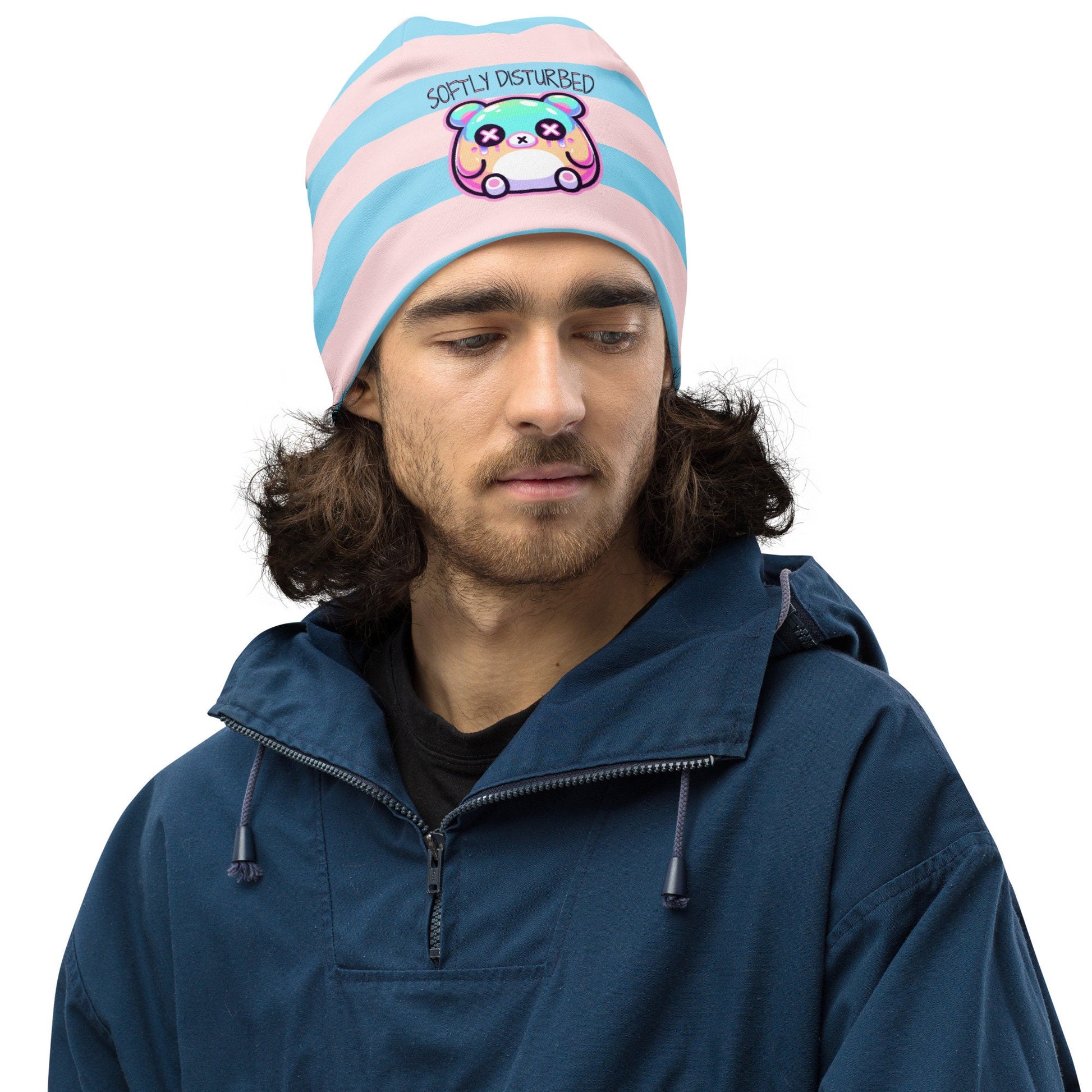 Weirdcore Pastel Goth Grunge Cute Bear Striped Beanie, Softly Disturbed Oddcore Beanie Hat