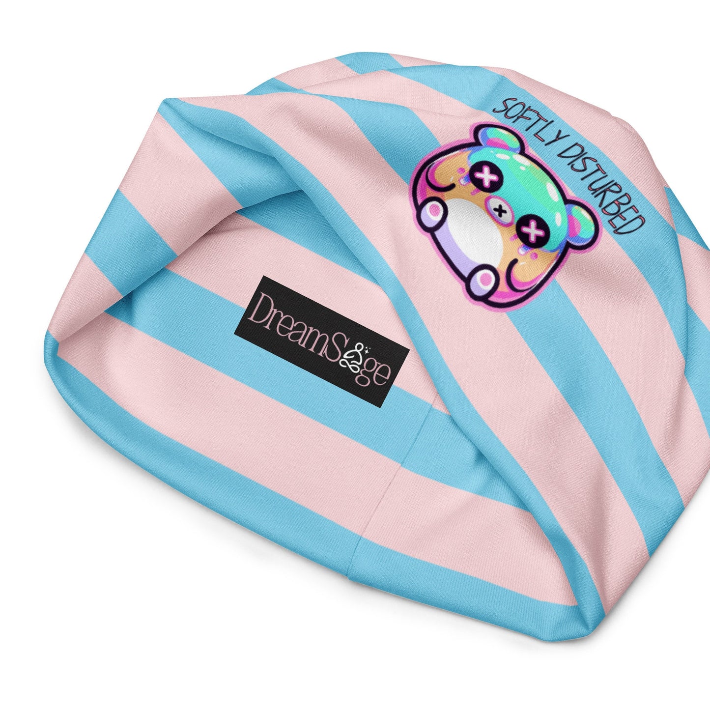 Weirdcore Pastel Goth Grunge Cute Bear Striped Beanie, Softly Disturbed Oddcore Beanie Hat
