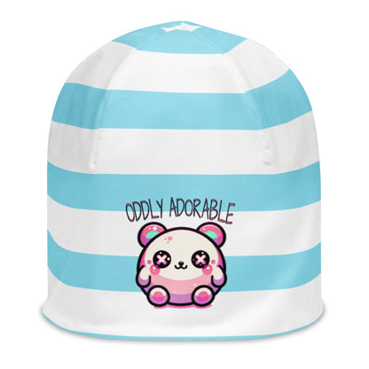 Weirdcore Pastel Goth Grunge Cute Bear Striped Beanie, Oddly Adorable Oddcore Beanie Hat