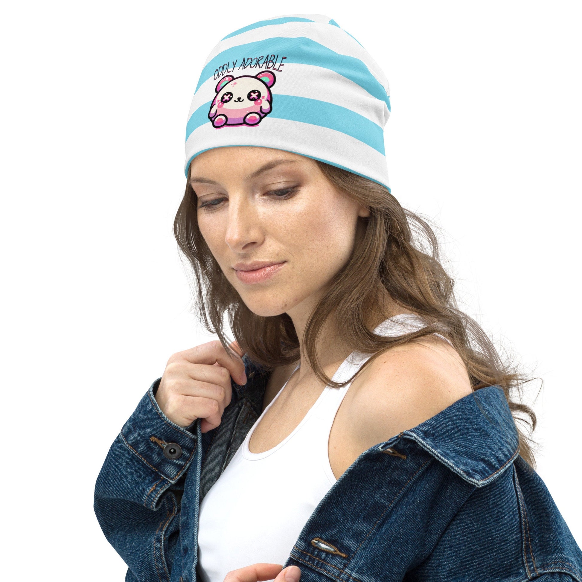 Weirdcore Pastel Goth Grunge Cute Bear Striped Beanie, Oddly Adorable Oddcore Beanie Hat