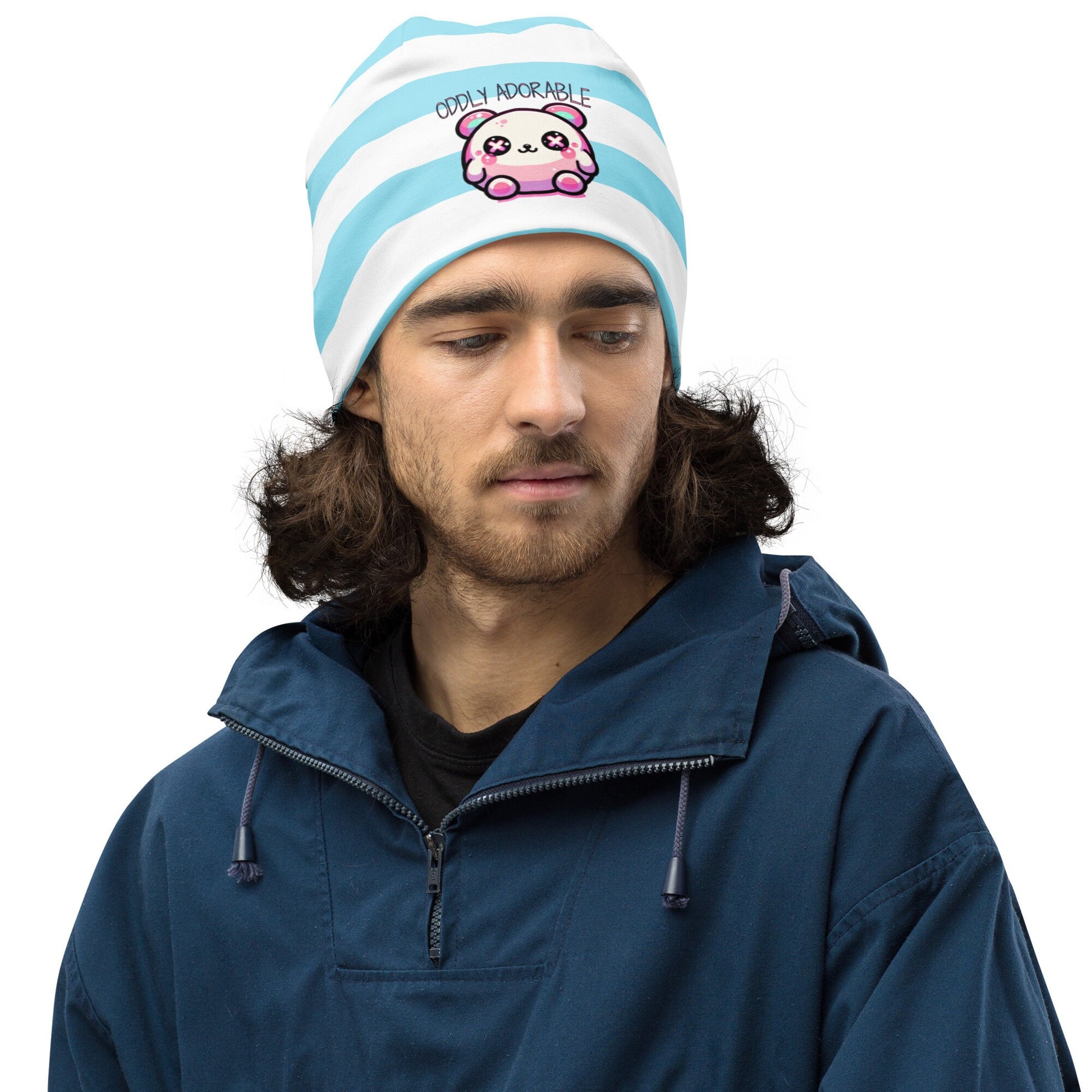 Weirdcore Pastel Goth Grunge Cute Bear Striped Beanie, Oddly Adorable Oddcore Beanie Hat