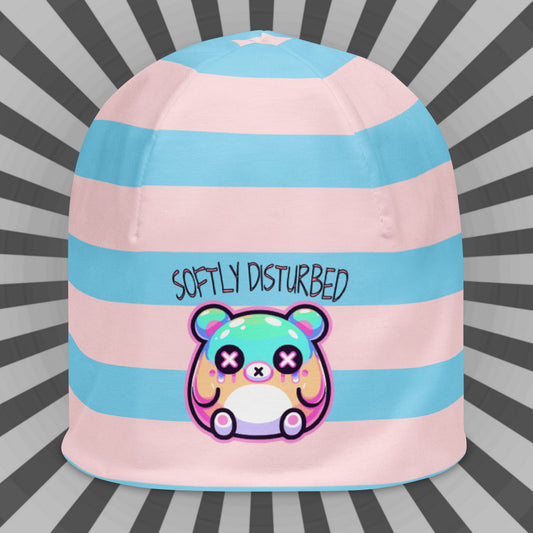 Weirdcore Pastel Goth Grunge Cute Bear Striped Beanie, Softly Disturbed Oddcore Beanie Hat