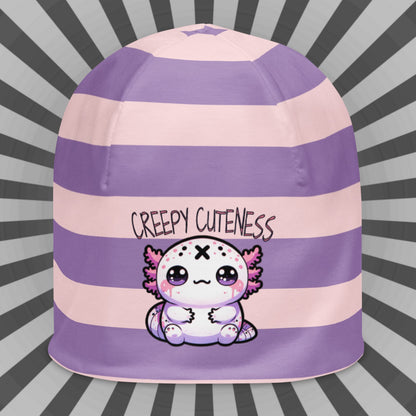 Weirdcore Pastel Goth Grunge Cute Axolotl Striped Beanie, Creepy Cuteness Oddcore Beanie Hat