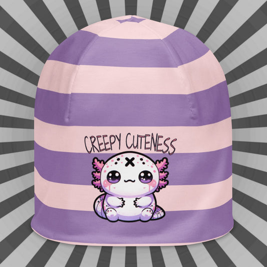 Weirdcore Pastel Goth Grunge Cute Axolotl Striped Beanie, Creepy Cuteness Oddcore Beanie Hat