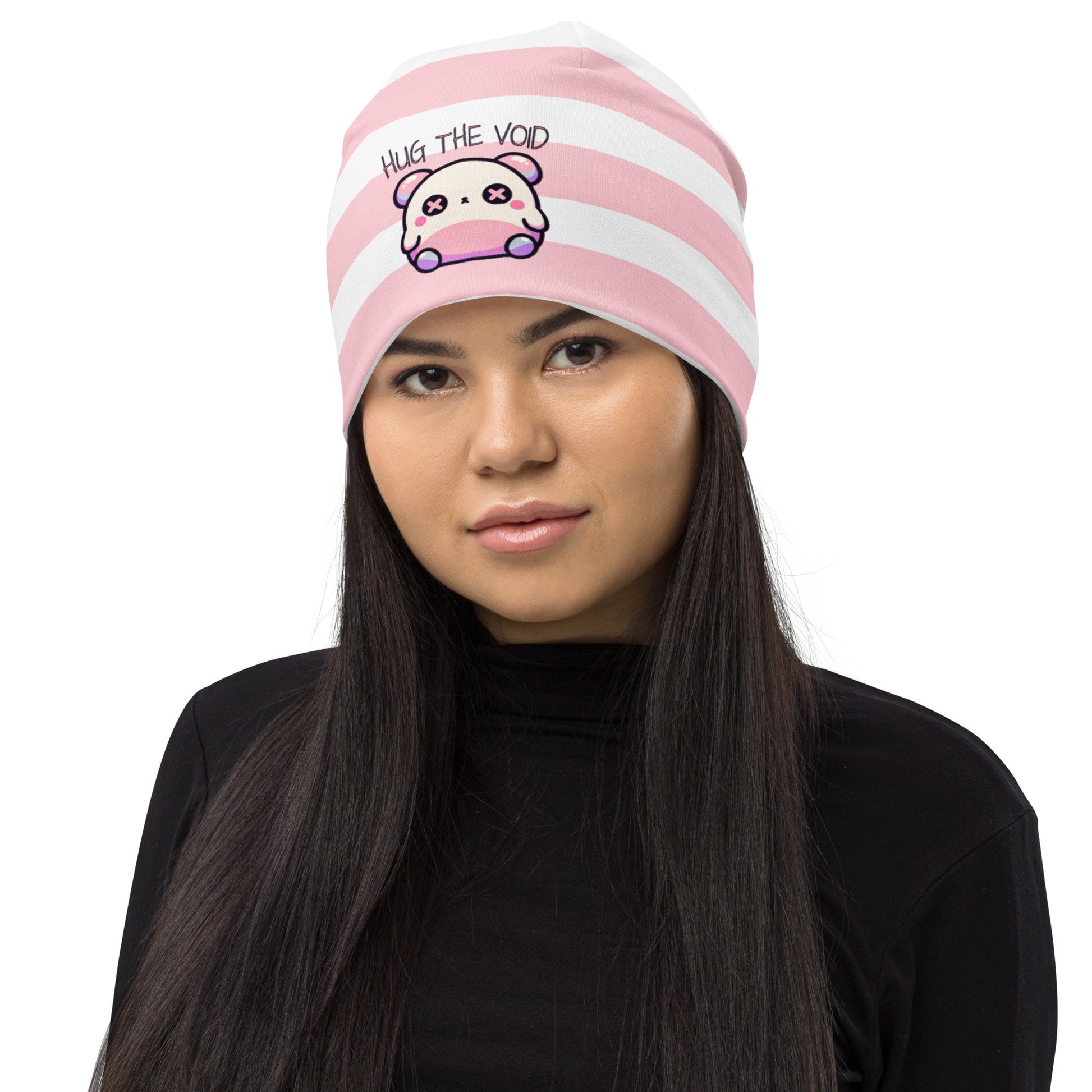 Weirdcore Pastel Goth Grunge Cute Bear Striped Beanie, Hug the Void Oddcore Beanie Hat