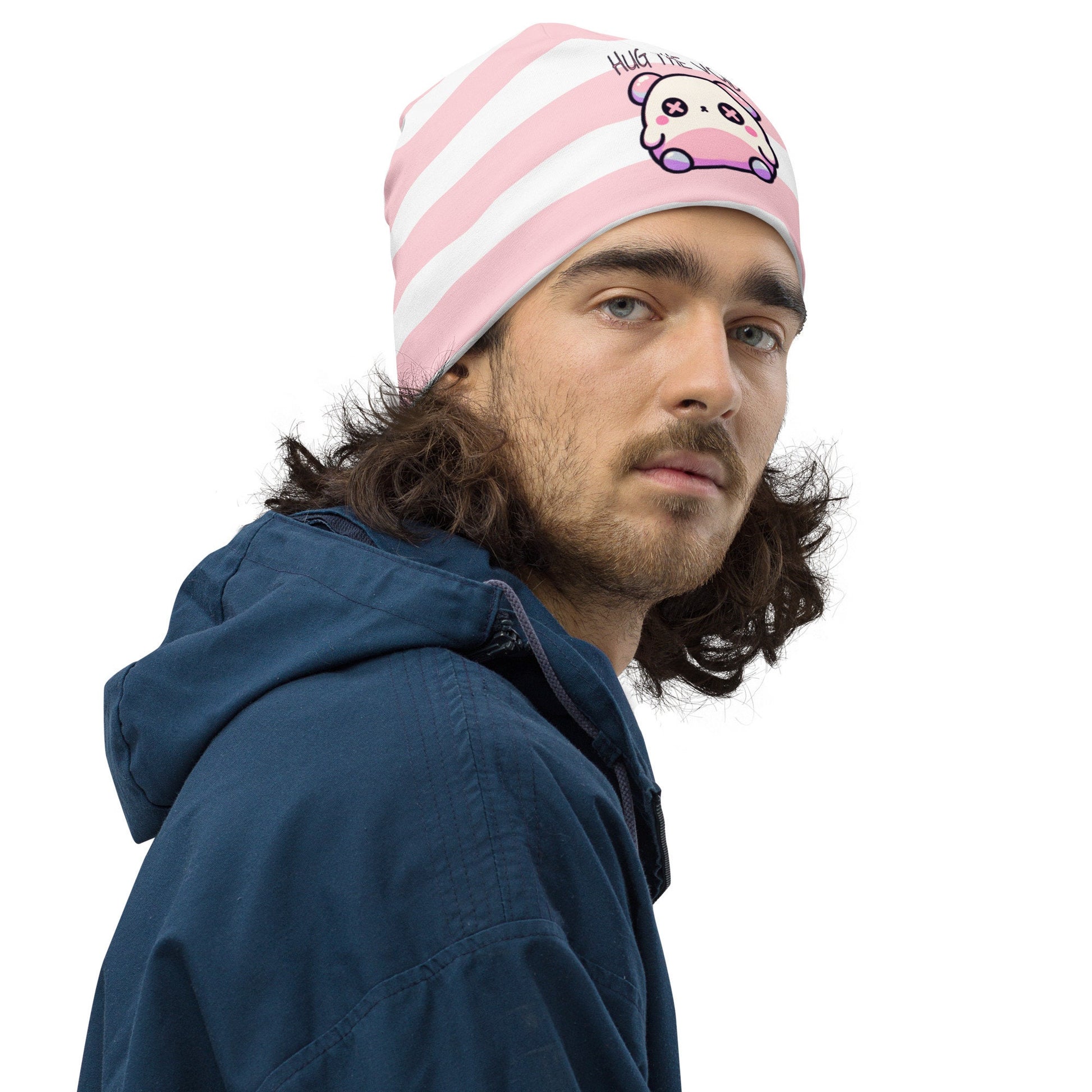 Weirdcore Pastel Goth Grunge Cute Bear Striped Beanie, Hug the Void Oddcore Beanie Hat