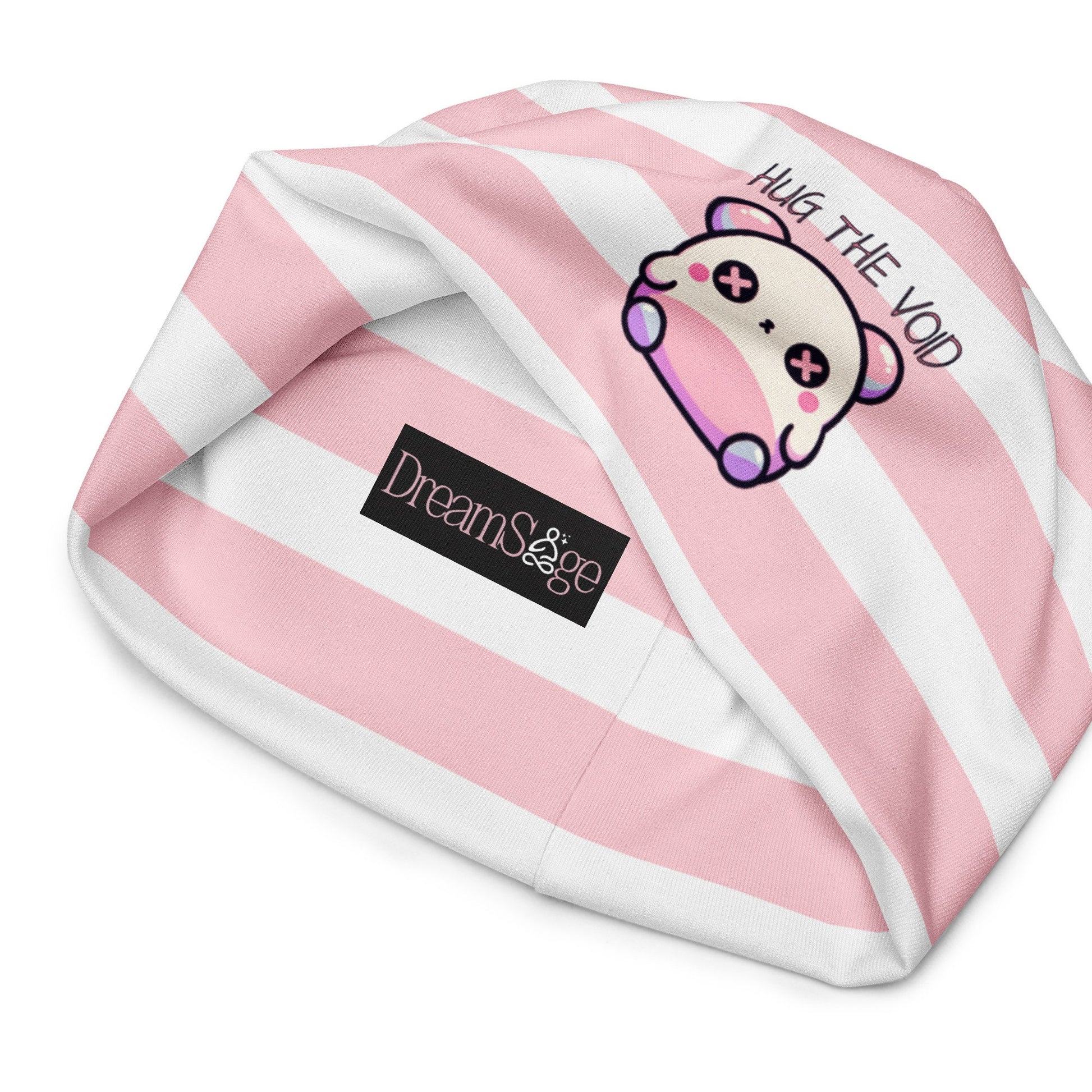 Weirdcore Pastel Goth Grunge Cute Bear Striped Beanie, Hug the Void Oddcore Beanie Hat