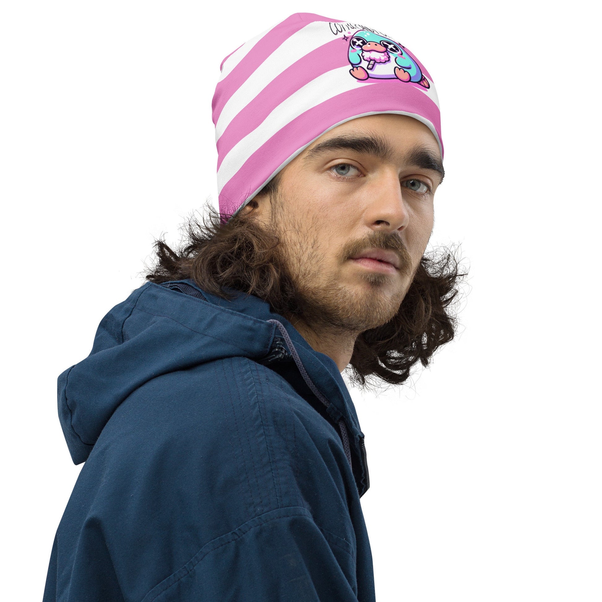 Weirdcore Pastel Goth Grunge Cute Platypus Striped Beanie, Cotton Candy Chaos Oddcore Beanie Hat