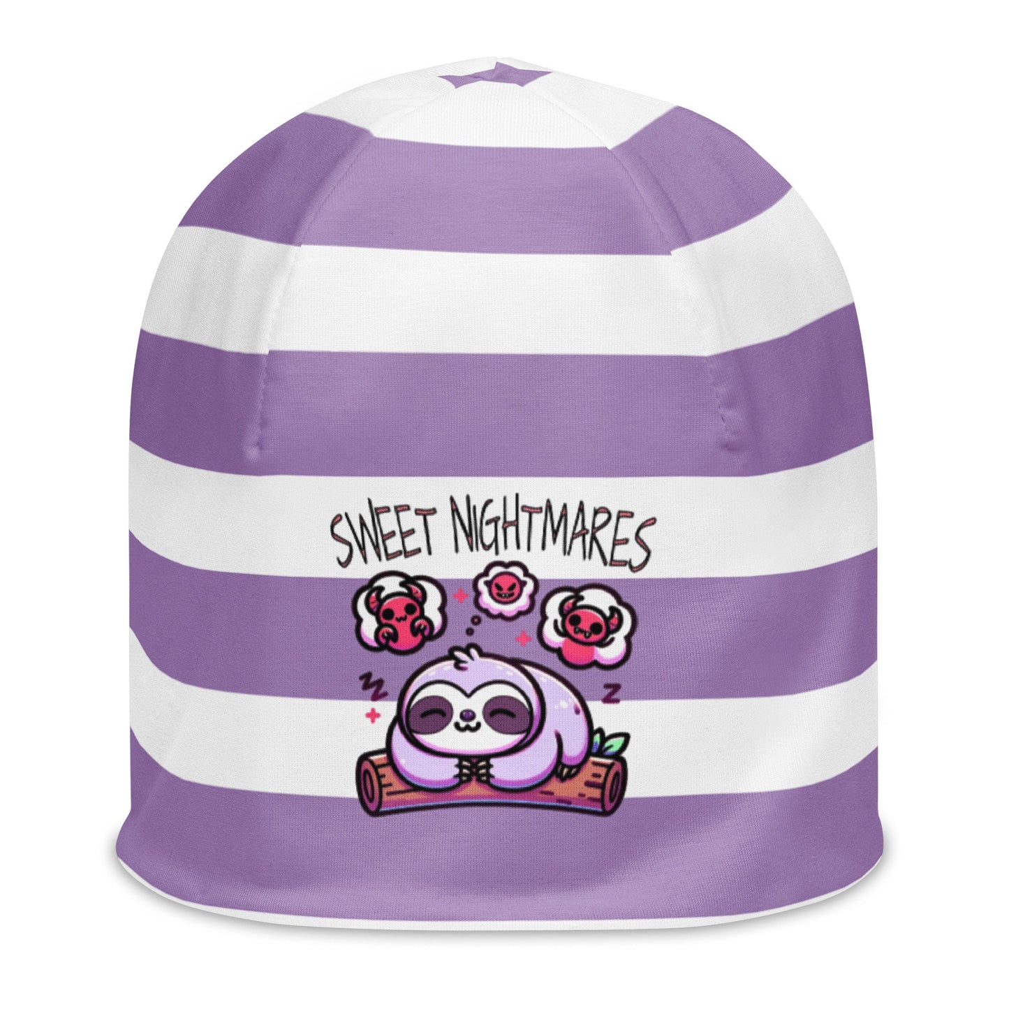 Cute Weirdcore Pastel Goth Grunge Sloth Striped Beanie, Sweet Nightmares Oddcore Beanie Hat