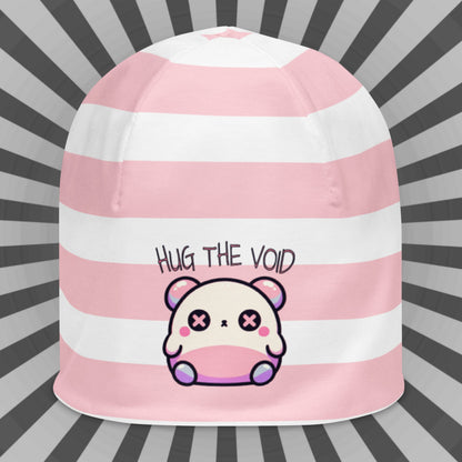 Weirdcore Pastel Goth Grunge Cute Bear Striped Beanie, Hug the Void Oddcore Beanie Hat