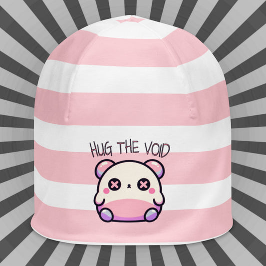 Weirdcore Pastel Goth Grunge Cute Bear Striped Beanie, Hug the Void Oddcore Beanie Hat