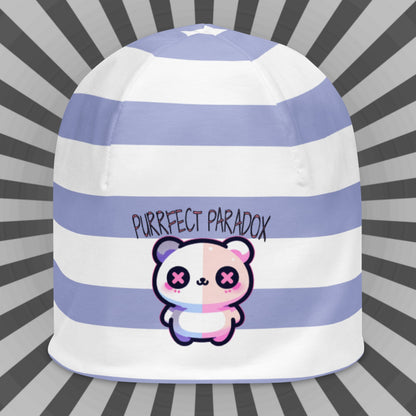 Weirdcore Pastel Goth Grunge Cute Cat Striped Beanie, Purrfect Paradox Oddcore Beanie Hat