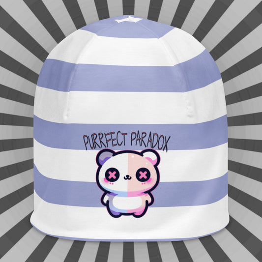 Weirdcore Pastel Goth Grunge Cute Cat Striped Beanie, Purrfect Paradox Oddcore Beanie Hat