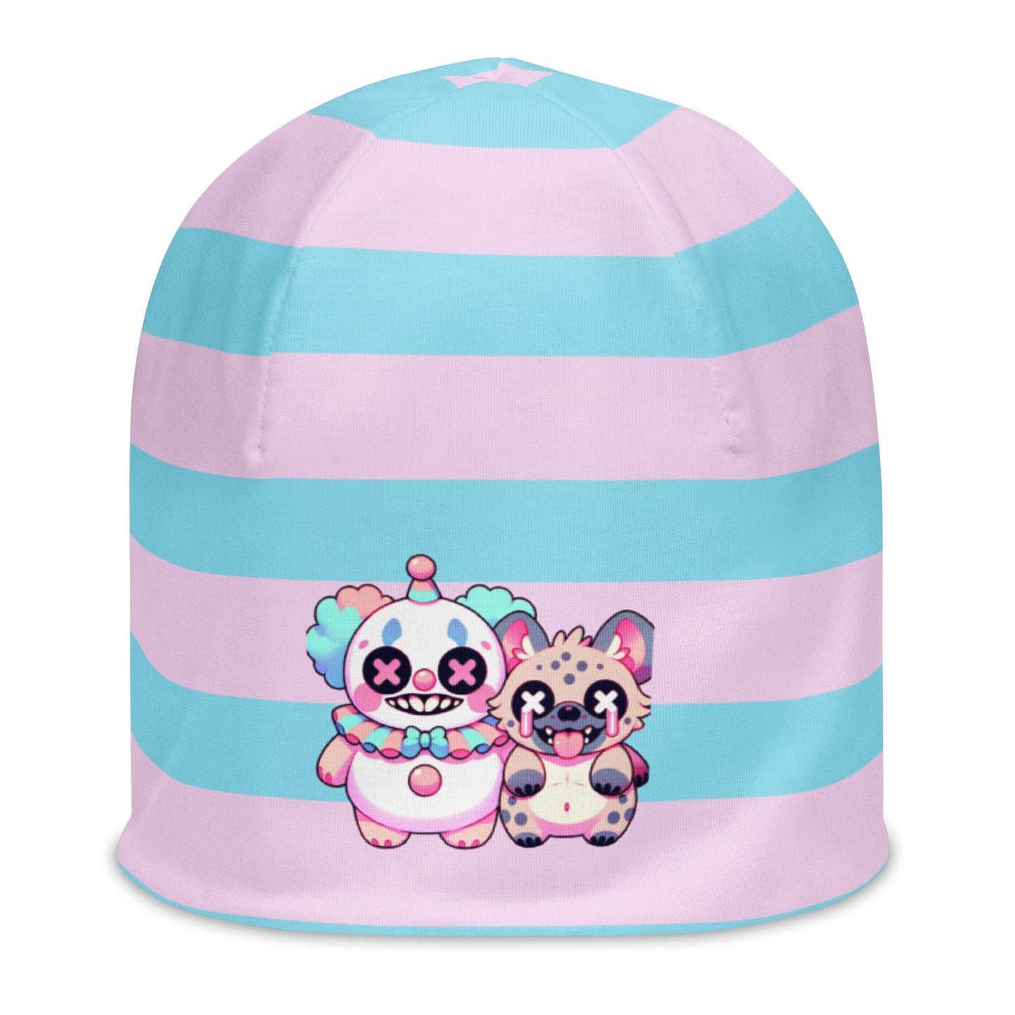 Weirdcore Pastel Goth Grunge Clown & Hyena Pals Striped Beanie, Clowncore Buddies Oddcore Beanie Hat