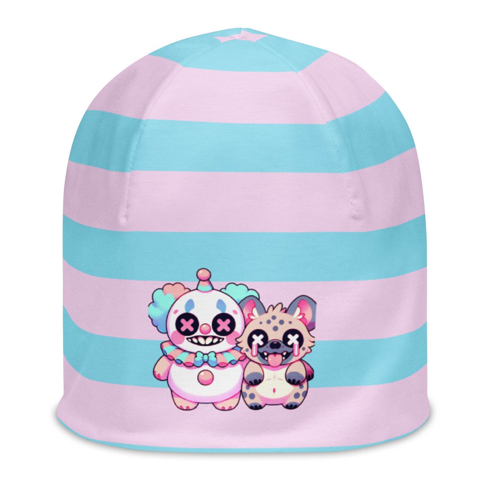 Weirdcore Pastel Goth Grunge Clown & Hyena Pals Striped Beanie, Clowncore Buddies Oddcore Beanie Hat