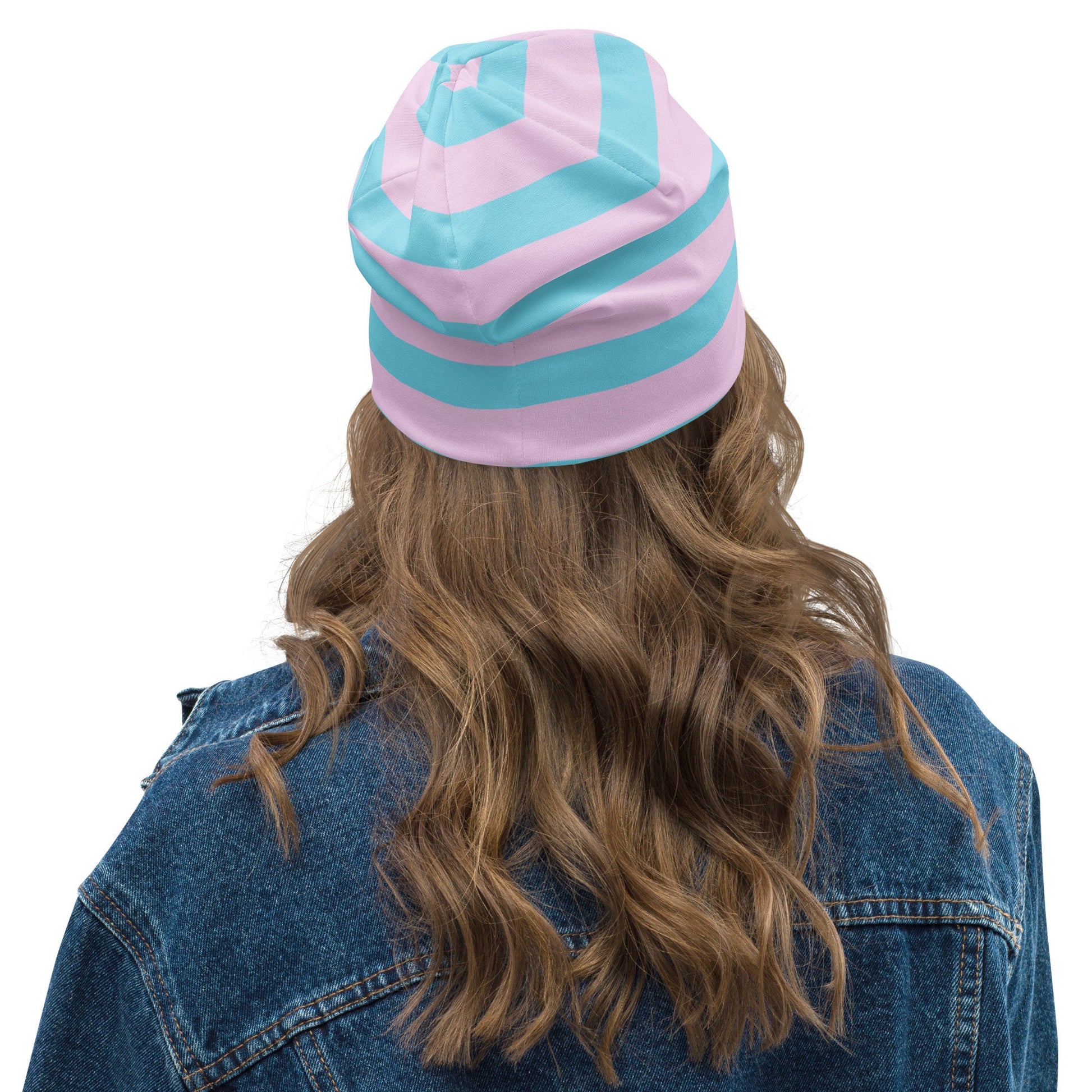 Weirdcore Pastel Goth Grunge Clown & Hyena Pals Striped Beanie, Clowncore Buddies Oddcore Beanie Hat