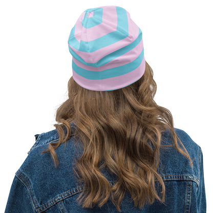 Weirdcore Pastel Goth Grunge Clown & Hyena Pals Striped Beanie, Clowncore Buddies Oddcore Beanie Hat