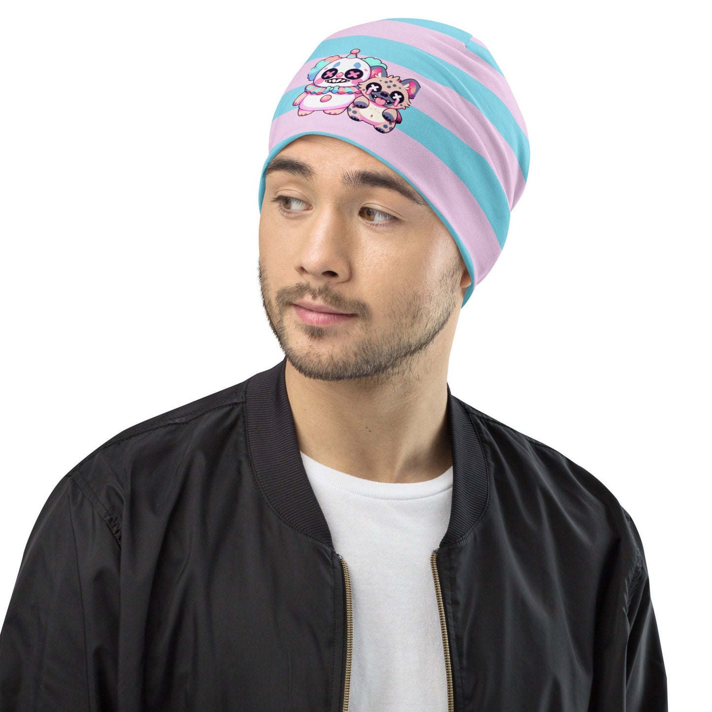Weirdcore Pastel Goth Grunge Clown & Hyena Pals Striped Beanie, Clowncore Buddies Oddcore Beanie Hat