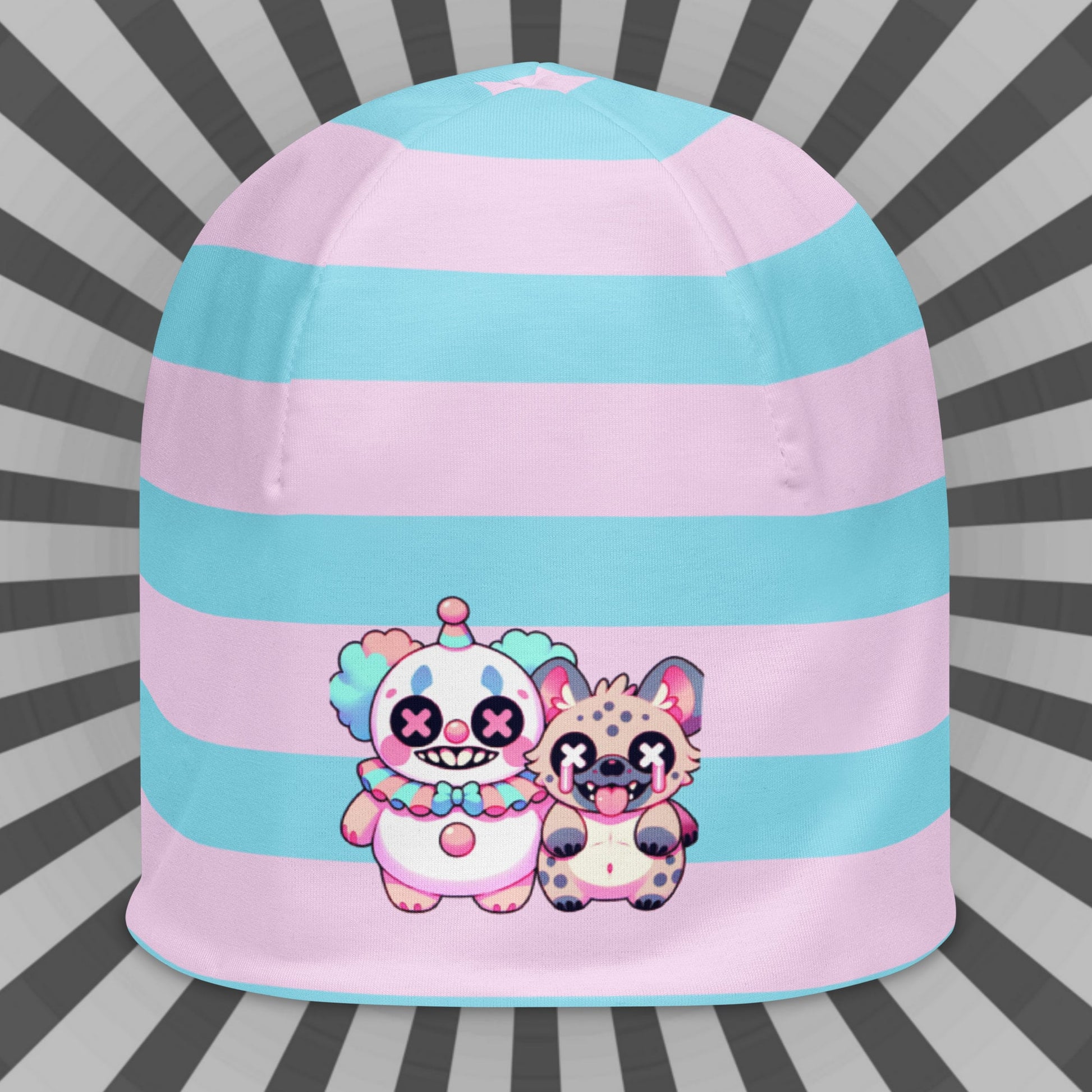 Weirdcore Pastel Goth Grunge Clown & Hyena Pals Striped Beanie, Clowncore Buddies Oddcore Beanie Hat